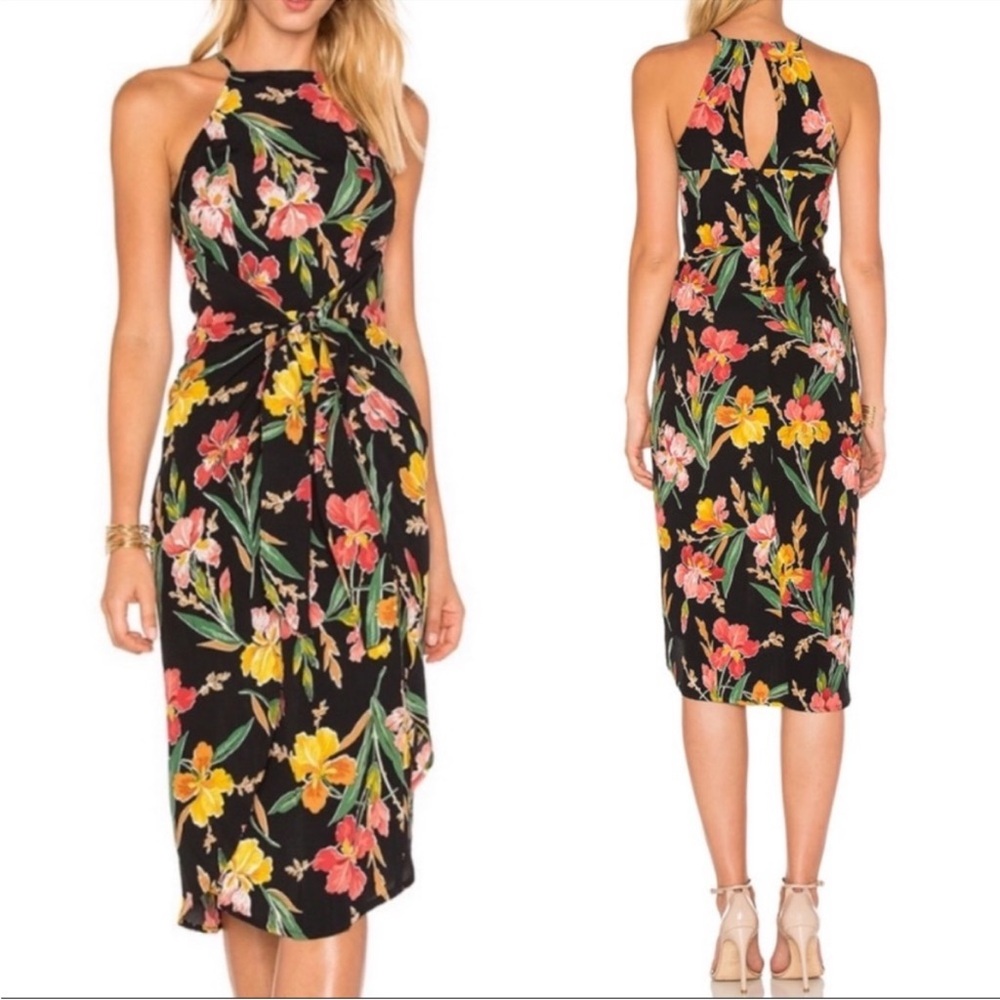 Revolve Privacy Please Lehunt Tie Front Hawaiian Hibiscus Black Midi Dress